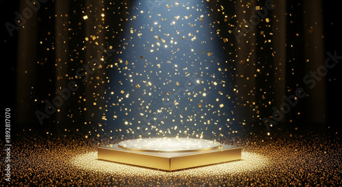 Luxury golden stage background with spotlight lighting, falling glitter particles and dark empty space, perfect for product display, awards, events, branding and premium advertising.