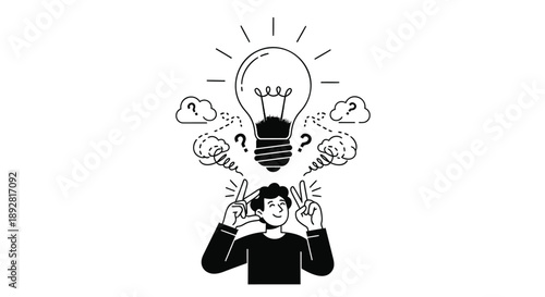 Man having an idea with lightbulb and question marks above head in black and white
