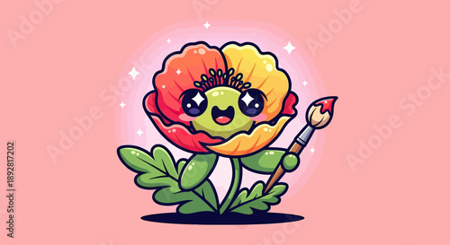 Cute Cartoon Poppy Flower Character Holding Paintbrush Vector Art