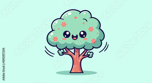 Cute Kawaii Tree Character with Smiling Face and Flowers