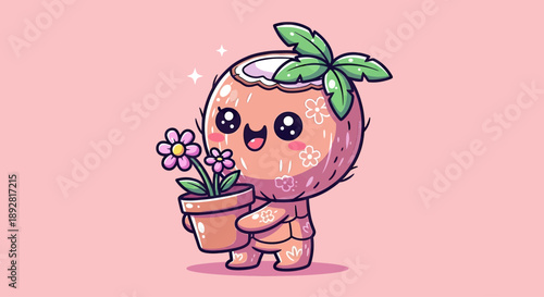 Cute Kawaii Coconut Character Holding a Potted Flower