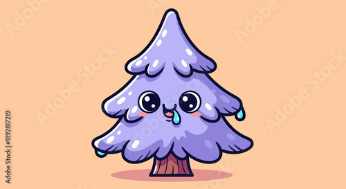Cute Sad Purple Christmas Tree Character with Tears
