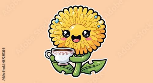 Cute Dandelion Character Holding a Teacup, Kawaii Style
