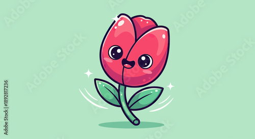 Cute Kawaii Tulip Character with Smiling Face and Sparkles