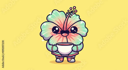 Cute Hibiscus Flower Character Holding a Coffee Cup