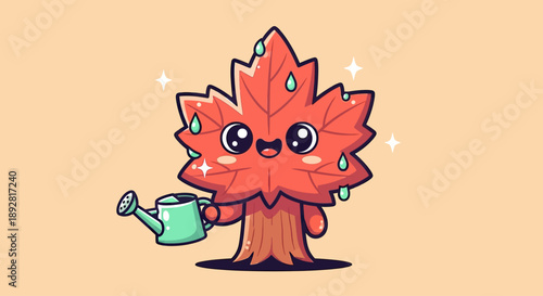 Cute Maple Leaf Character Watering Itself