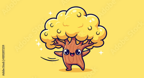 Happy Cartoon Tree Character with Yellow Foliage