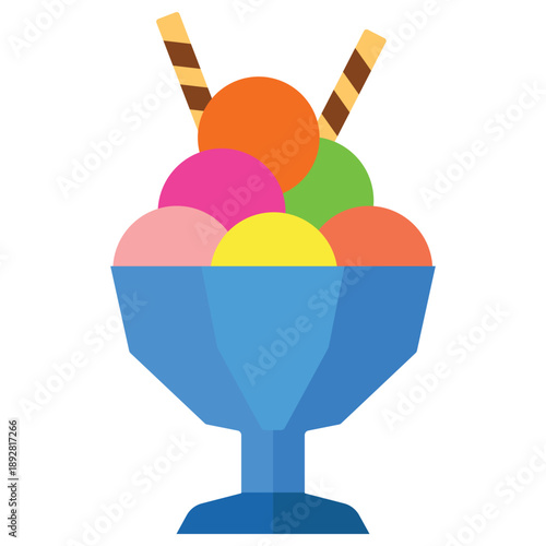 Colorful Ice Cream Delight: An artful illustration of a vibrant ice cream sundae in a blue bowl, adorned with colorful scoops and wafer sticks, offers a refreshing treat.