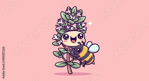 Cute Bee and Flower Character Vector Illustration