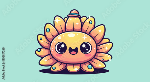 Cute Kawaii Sunflower Character with Hat and Sparkles
