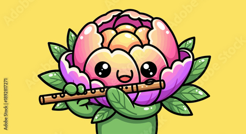 Cute Flower Character Playing Flute, Whimsical Vector Art