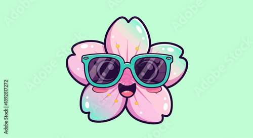 Cute Cherry Blossom Character Wearing Sunglasses, vector illustration