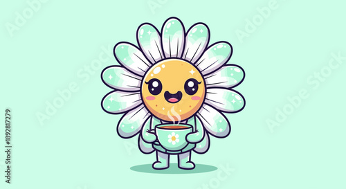 Cute Daisy Character Holding Coffee Cup, Kawaii Style