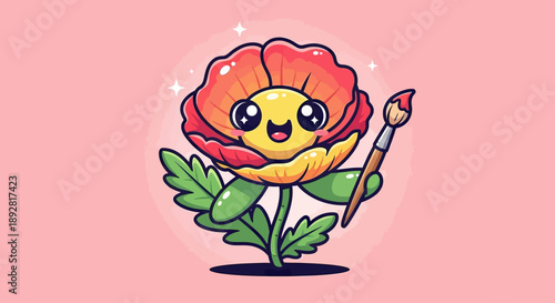 Cute Flower Character Painting with Brush Vector Art