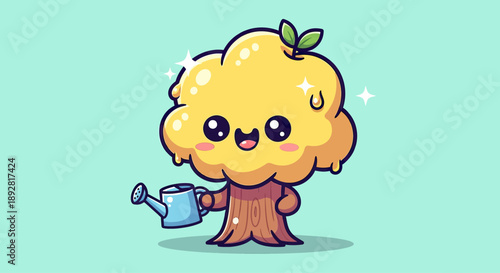 Cute Kawaii Tree Character Watering Can Sparkle Vector