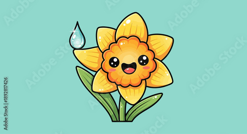 Cute Daffodil Character with Water Droplet Vector