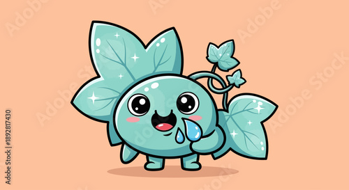 Cute Turquoise Plant Character with Big Eyes and Leaves