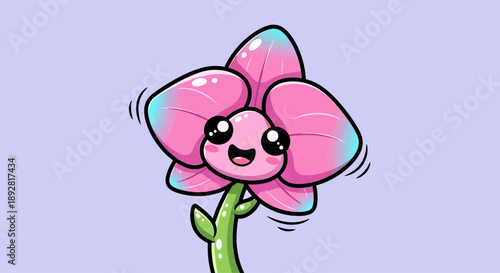 Cute kawaii orchid character with smiling face, vector illustration