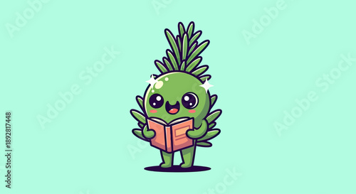Cute Green Character Reading a Book