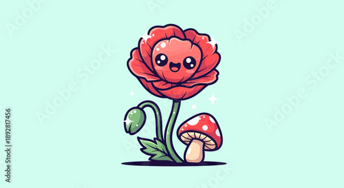 Cute Poppy Flower and Mushroom Friends Cartoon Vector Illustration