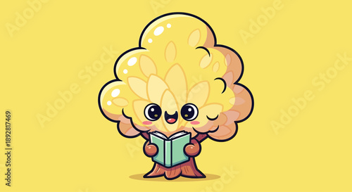 Cute Tree Character Reading a Book - Vector Illustration