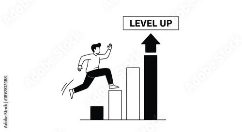 Man climbing bar graph with level up sign symbolizing success and progress in business