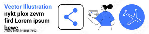 Technology, communication, travel planning, remote work, graphic design, user interface. Set of icons showing share symbol, working on a device and an airplane. Technology and communication