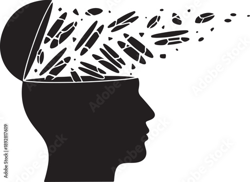 Silhouette of a person's head with thoughts escaping