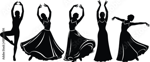 Elegant female dancer silhouettes performing expressive contemporary ballet poses isolated on white background for dance art illustration design collection poster vector