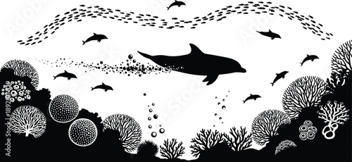 Dolphin swimming underwater with coral reef and fish silhouettes creating marine life scene isolated on white background vector illustration design