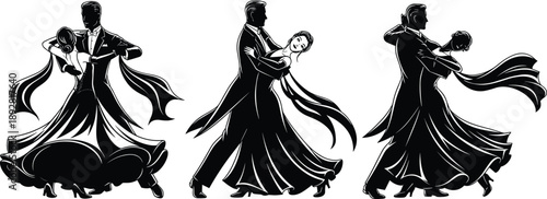 Elegant ballroom dance couple silhouettes performing classic waltz poses, flowing dresses and tuxedos, romantic black and white illustration collection art
