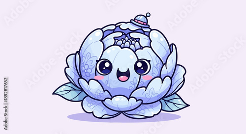 Cute Kawaii Peony Flower Character with Happy Face and Hat