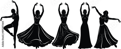 Elegant female dancer silhouettes performing graceful ballet poses, flowing dresses and expressive movement, artistic black and white illustration set collection design