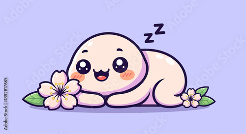 Cute Chubby Character Sleeping with Cherry Blossoms