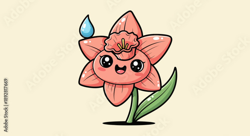 Cute Pink Daffodil Flower with Water Droplet Character