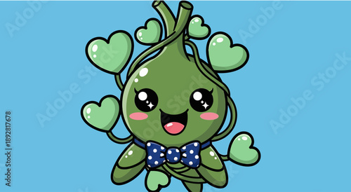 Cute Green Plant Character with Hearts and Bowtie