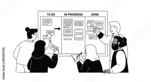 Four people collaborating on a kanban board with sticky notes in an office setting