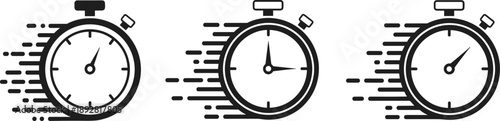 Set of three black minimalist stopwatch icons with speed lines representing fast delivery time management and quick service vector illustration