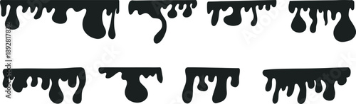 Set of black dripping liquid silhouettes, hand drawn ink drips and melting paint splashes.