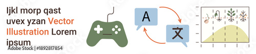 Video games, language learning, data analysis, education, technological advancements, communication tools. Game controller, language translation icons growth chart with analytics. Video games