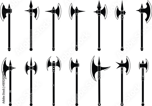 Battle axe silhouette vector illustration set of medieval fantasy weapon designs, black warrior axe collection graphic design