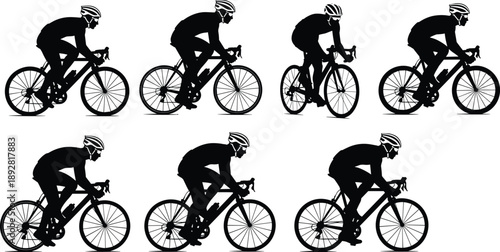 Cyclist silhouette vector illustration set of man riding road bicycle in multiple poses, black bike racing design