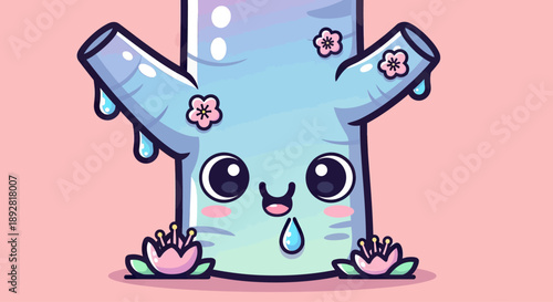 Cute Kawaii Tree Character with Flowers and Water Drops