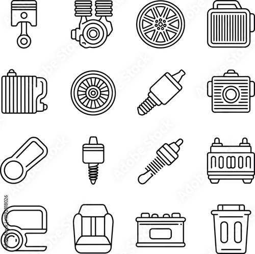 Line art illustration set of essential automotive vehicle spare parts and components