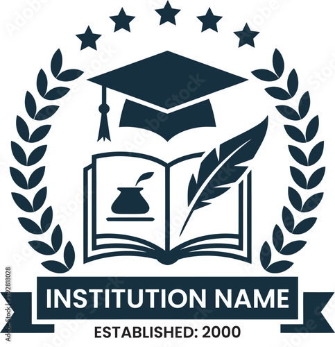 Classic academic emblem with graduation cap, open book, and quill pen for educational institution