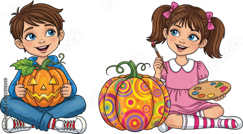 Cartoon vector illustration of boy holding carved pumpkin and girl painting colorful pumpkin, cute children Halloween art design