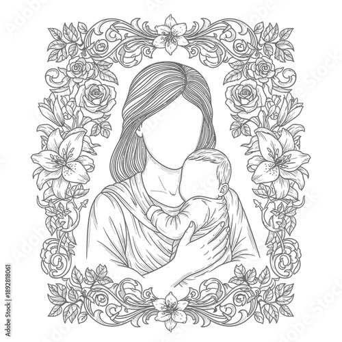 Serene madonna holding infant