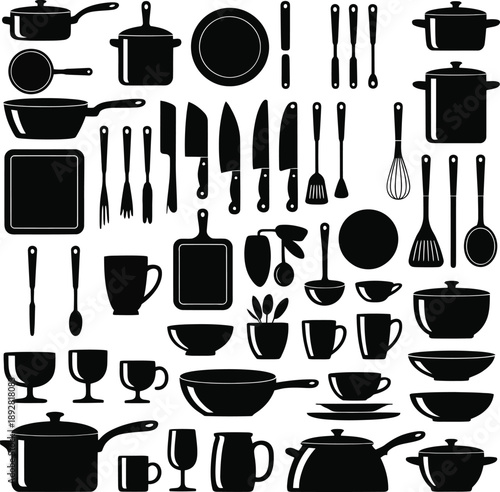 A comprehensive collection of kitchen essentials: cookware, utensils, and dinnerware silhouettes