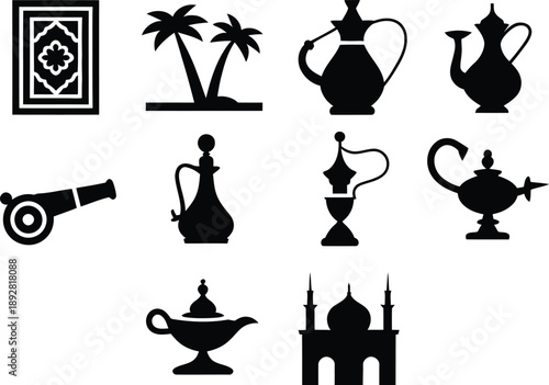 A collection of black silhouette icons featuring various elements from arabian culture and heritage