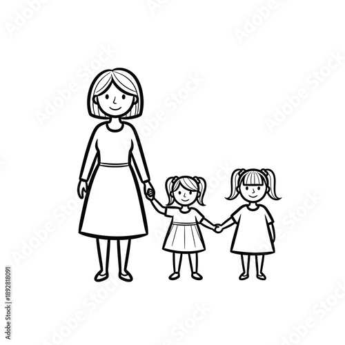 Mother holding hands with two children